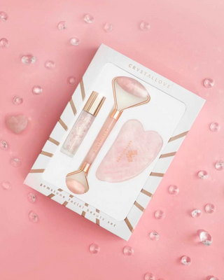 Valček na tvár + tanier gua sha + roll-on fľaša Sada krásy z ružového kremeňa Crystallove - 2